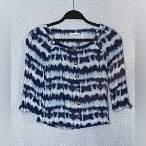 Self Esteem blouse, Navy Blue & White Tie dye cropped 3/4 sleeve with bows.